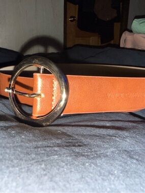 Vince Camuto Tan Leather Belt with Round Gold Buckle